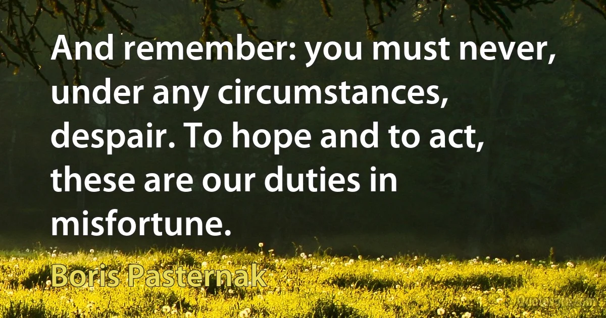 And remember: you must never, under any circumstances, despair. To hope and to act, these are our duties in misfortune. (Boris Pasternak)