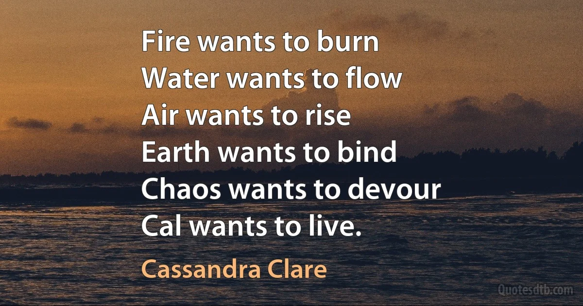 Fire wants to burn
Water wants to flow
Air wants to rise
Earth wants to bind
Chaos wants to devour
Cal wants to live. (Cassandra Clare)