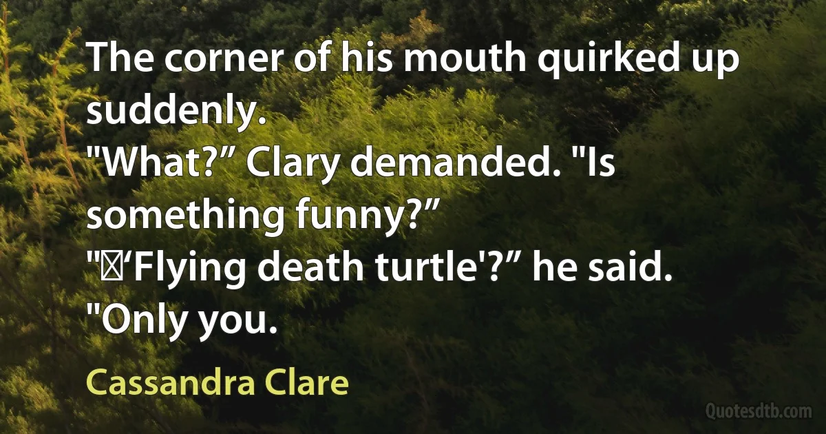 The corner of his mouth quirked up suddenly.
"What?” Clary demanded. "Is something funny?”
" ‘Flying death turtle'?” he said. "Only you. (Cassandra Clare)