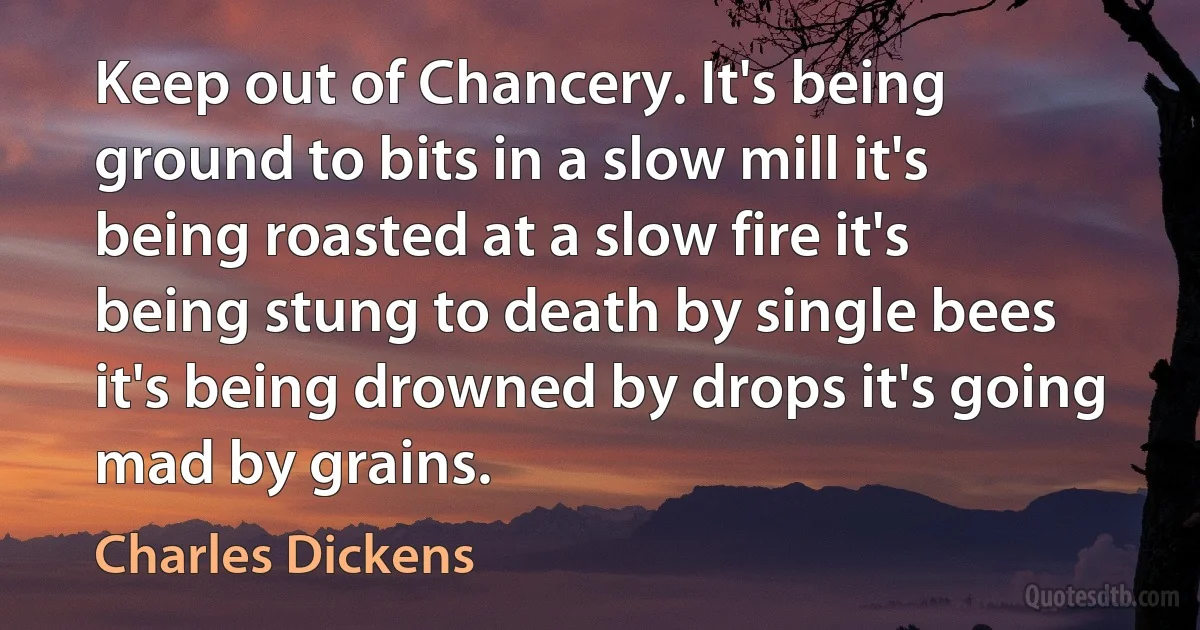 Keep out of Chancery. It's being ground to bits in a slow mill it's being roasted at a slow fire it's being stung to death by single bees it's being drowned by drops it's going mad by grains. (Charles Dickens)