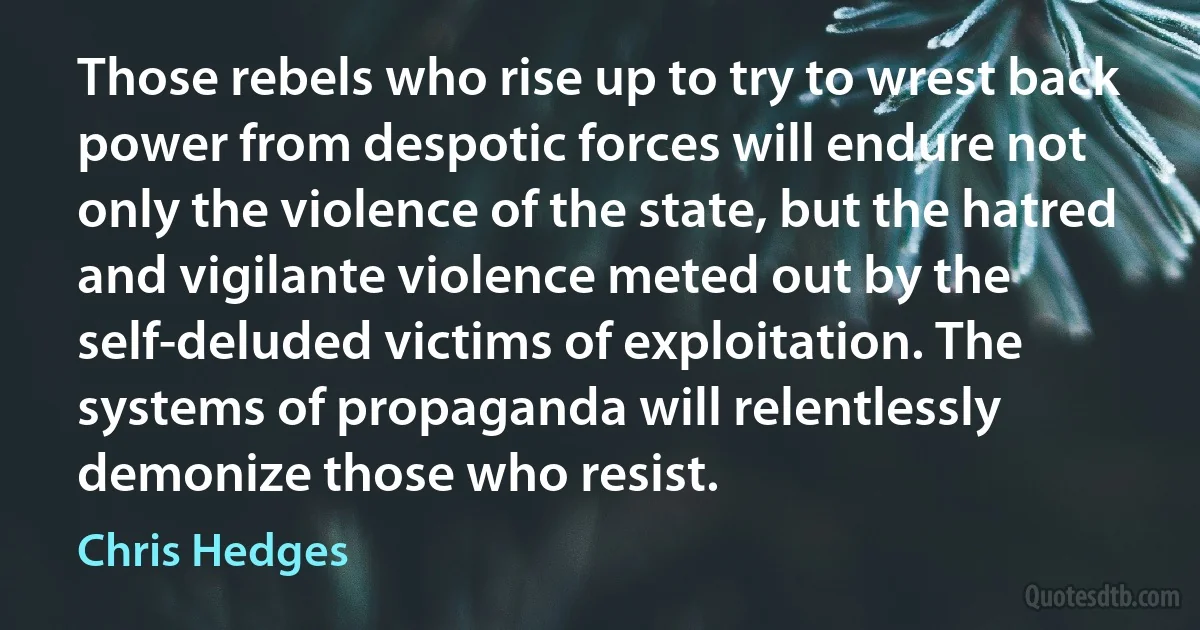 Those rebels who rise up to try to wrest back power from despotic forces will endure not only the violence of the state, but the hatred and vigilante violence meted out by the self-deluded victims of exploitation. The systems of propaganda will relentlessly demonize those who resist. (Chris Hedges)