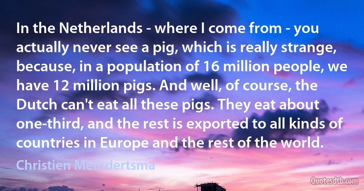 In the Netherlands - where I come from - you actually never see a pig, which is really strange, because, in a population of 16 million people, we have 12 million pigs. And well, of course, the Dutch can't eat all these pigs. They eat about one-third, and the rest is exported to all kinds of countries in Europe and the rest of the world. (Christien Meindertsma)