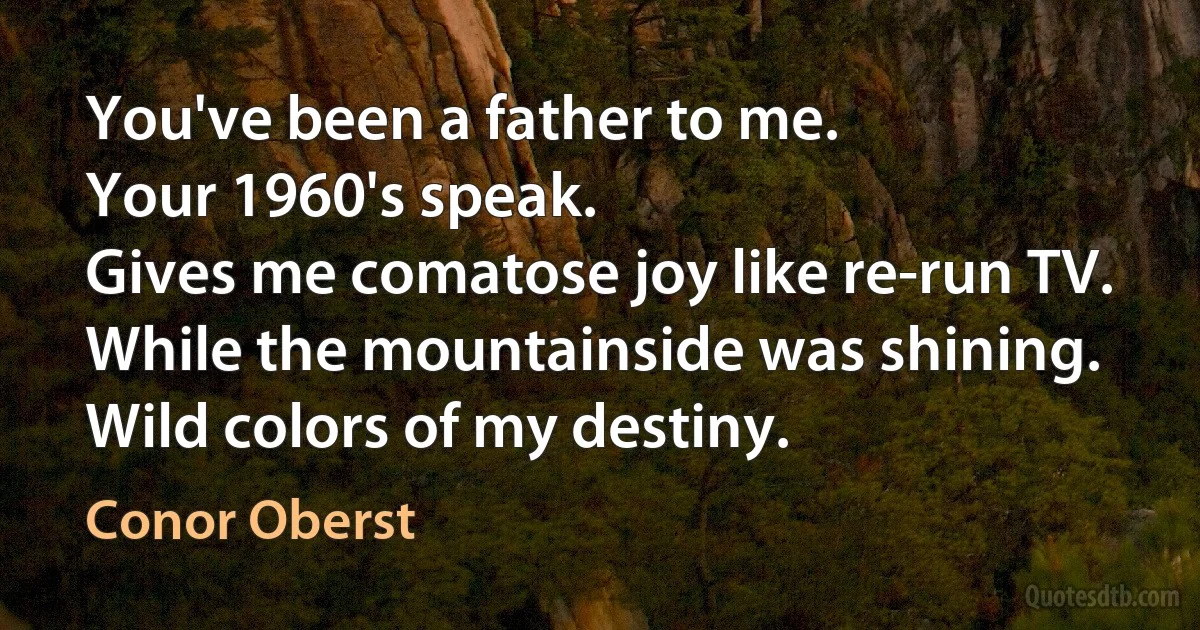 You've been a father to me.
Your 1960's speak.
Gives me comatose joy like re-run TV.
While the mountainside was shining.
Wild colors of my destiny. (Conor Oberst)