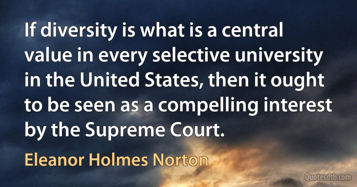 If diversity is what is a central value in every selective university in the United States, then it ought to be seen as a compelling interest by the Supreme Court. (Eleanor Holmes Norton)