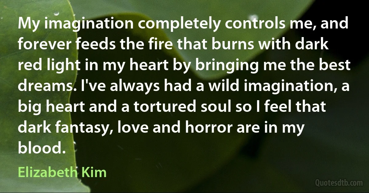 My imagination completely controls me, and forever feeds the fire that burns with dark red light in my heart by bringing me the best dreams. I've always had a wild imagination, a big heart and a tortured soul so I feel that dark fantasy, love and horror are in my blood. (Elizabeth Kim)