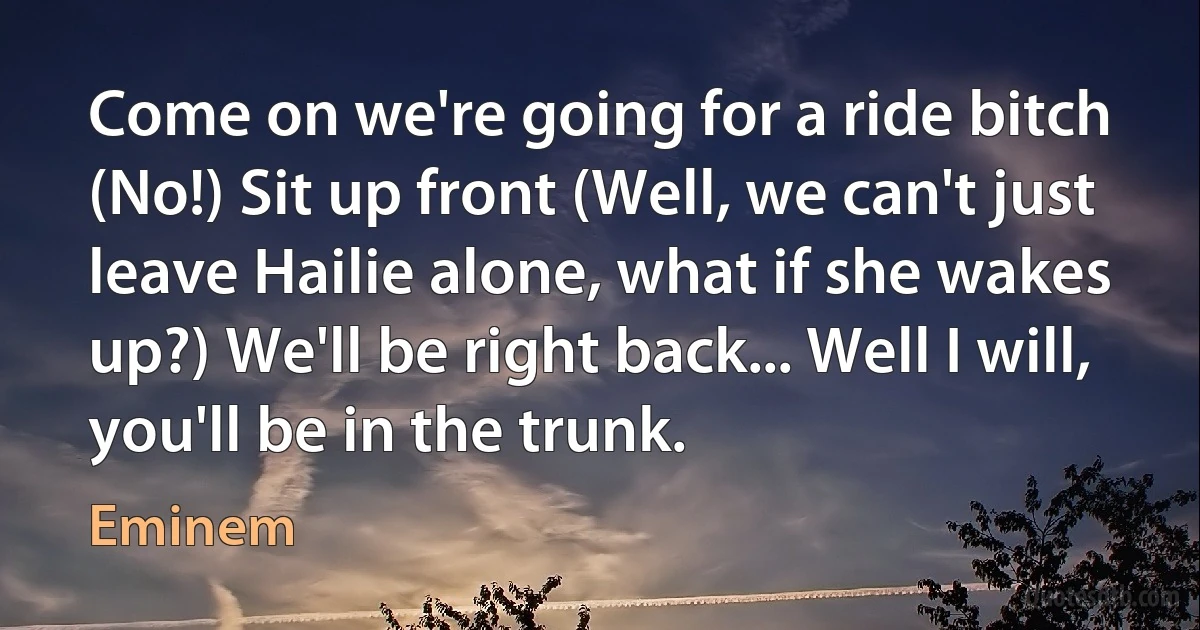 Come on we're going for a ride bitch (No!) Sit up front (Well, we can't just leave Hailie alone, what if she wakes up?) We'll be right back... Well I will, you'll be in the trunk. (Eminem)