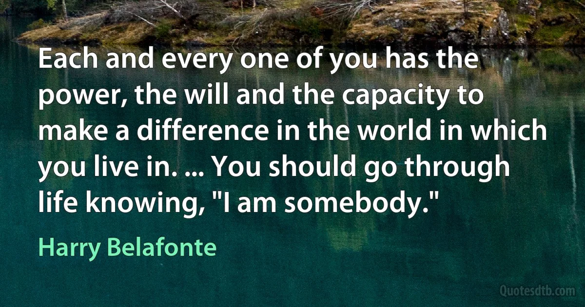 Each and every one of you has the power, the will and the capacity to make a difference in the world in which you live in. ... You should go through life knowing, "I am somebody." (Harry Belafonte)