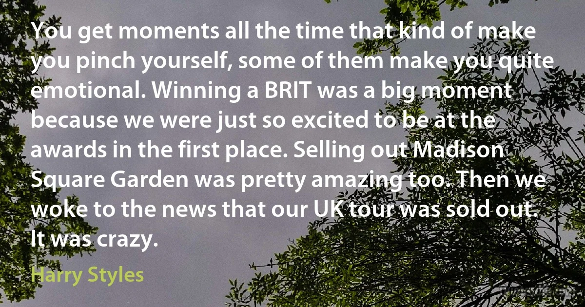 You get moments all the time that kind of make you pinch yourself, some of them make you quite emotional. Winning a BRIT was a big moment because we were just so excited to be at the awards in the first place. Selling out Madison Square Garden was pretty amazing too. Then we woke to the news that our UK tour was sold out. It was crazy. (Harry Styles)