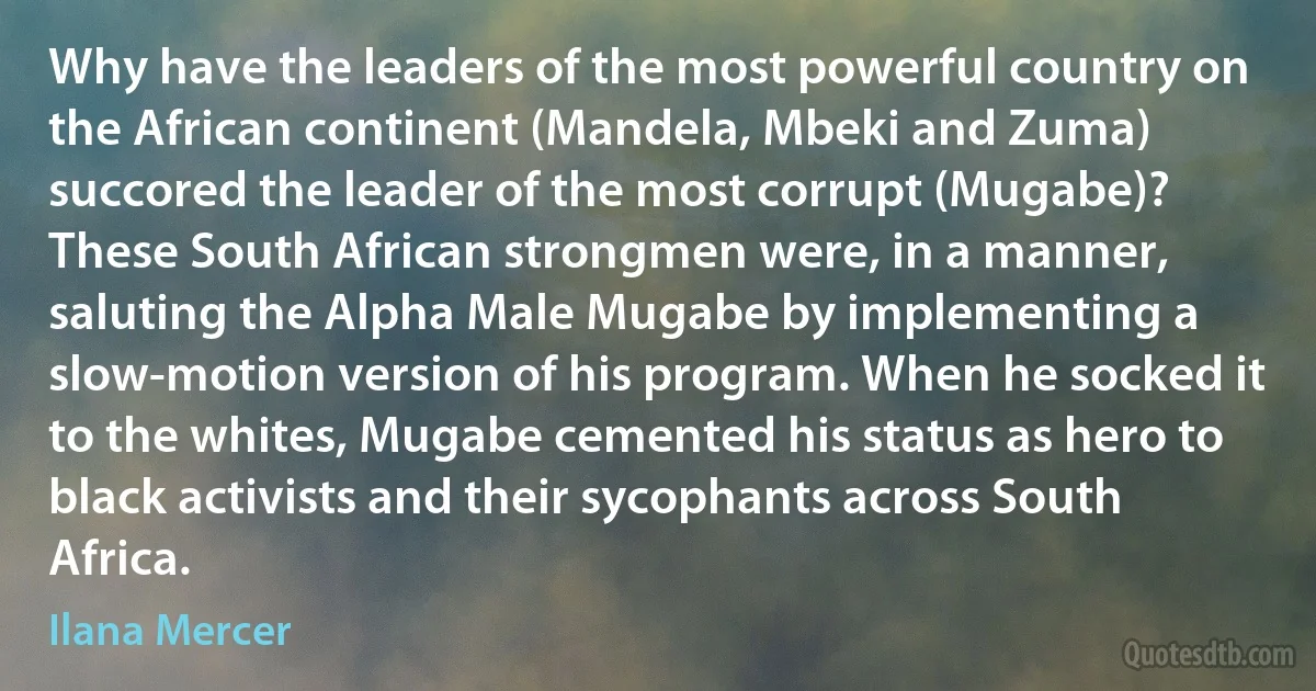 Why have the leaders of the most powerful country on the African continent (Mandela, Mbeki and Zuma) succored the leader of the most corrupt (Mugabe)? These South African strongmen were, in a manner, saluting the Alpha Male Mugabe by implementing a slow-motion version of his program. When he socked it to the whites, Mugabe cemented his status as hero to black activists and their sycophants across South Africa. (Ilana Mercer)