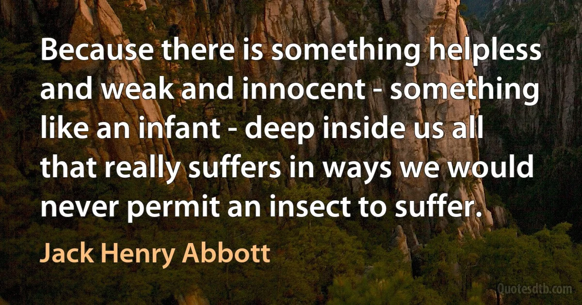 Because there is something helpless and weak and innocent - something like an infant - deep inside us all that really suffers in ways we would never permit an insect to suffer. (Jack Henry Abbott)