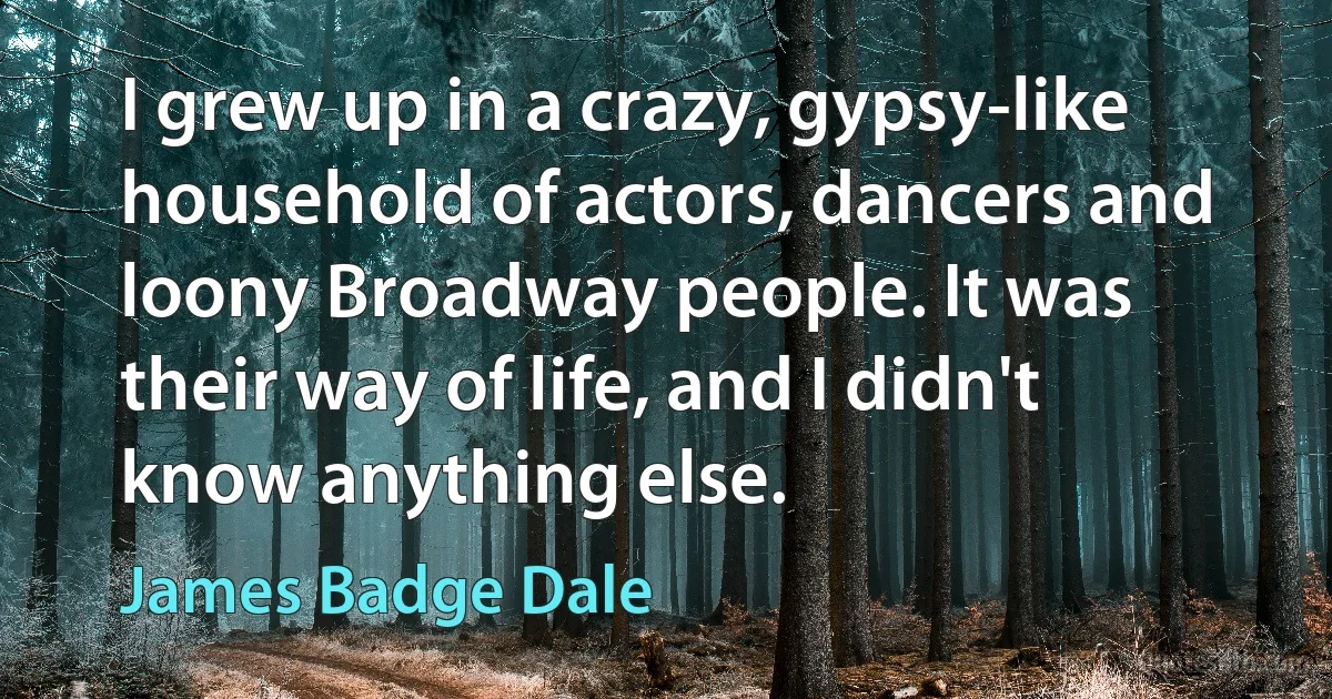 I grew up in a crazy, gypsy-like household of actors, dancers and loony Broadway people. It was their way of life, and I didn't know anything else. (James Badge Dale)