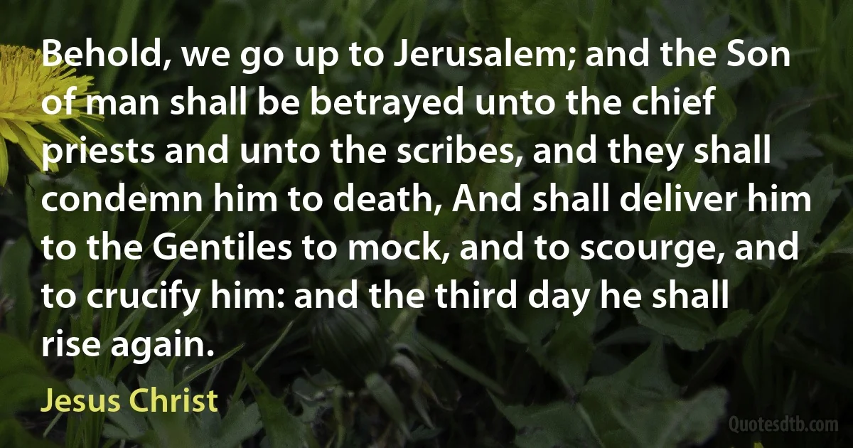 Behold, we go up to Jerusalem; and the Son of man shall be betrayed unto the chief priests and unto the scribes, and they shall condemn him to death, And shall deliver him to the Gentiles to mock, and to scourge, and to crucify him: and the third day he shall rise again. (Jesus Christ)