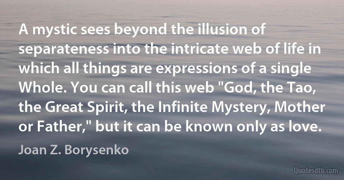 A mystic sees beyond the illusion of separateness into the intricate web of life in which all things are expressions of a single Whole. You can call this web "God, the Tao, the Great Spirit, the Infinite Mystery, Mother or Father," but it can be known only as love. (Joan Z. Borysenko)