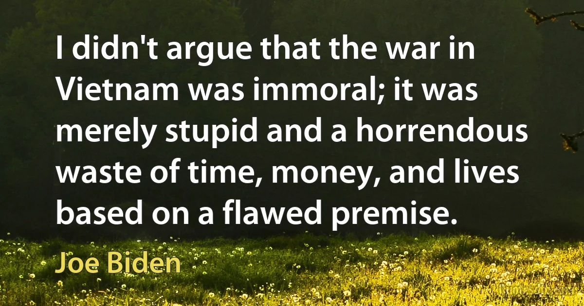 I didn't argue that the war in Vietnam was immoral; it was merely stupid and a horrendous waste of time, money, and lives based on a flawed premise. (Joe Biden)