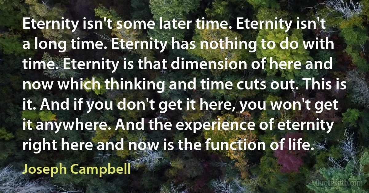 Eternity isn't some later time. Eternity isn't a long time. Eternity has nothing to do with time. Eternity is that dimension of here and now which thinking and time cuts out. This is it. And if you don't get it here, you won't get it anywhere. And the experience of eternity right here and now is the function of life. (Joseph Campbell)