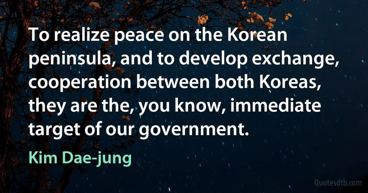 To realize peace on the Korean peninsula, and to develop exchange, cooperation between both Koreas, they are the, you know, immediate target of our government. (Kim Dae-jung)