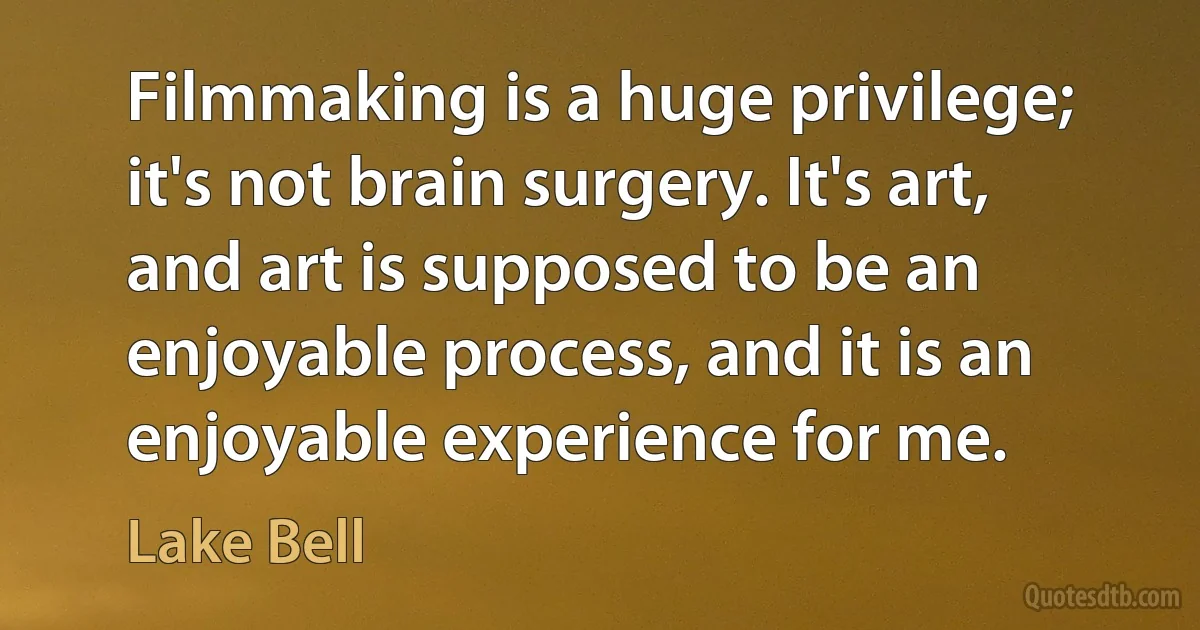 Filmmaking is a huge privilege; it's not brain surgery. It's art, and art is supposed to be an enjoyable process, and it is an enjoyable experience for me. (Lake Bell)