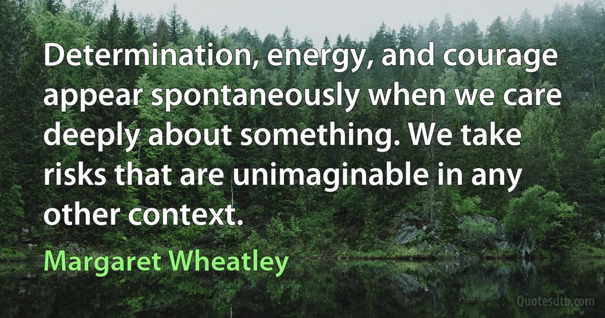 Determination, energy, and courage appear spontaneously when we care deeply about something. We take risks that are unimaginable in any other context. (Margaret Wheatley)