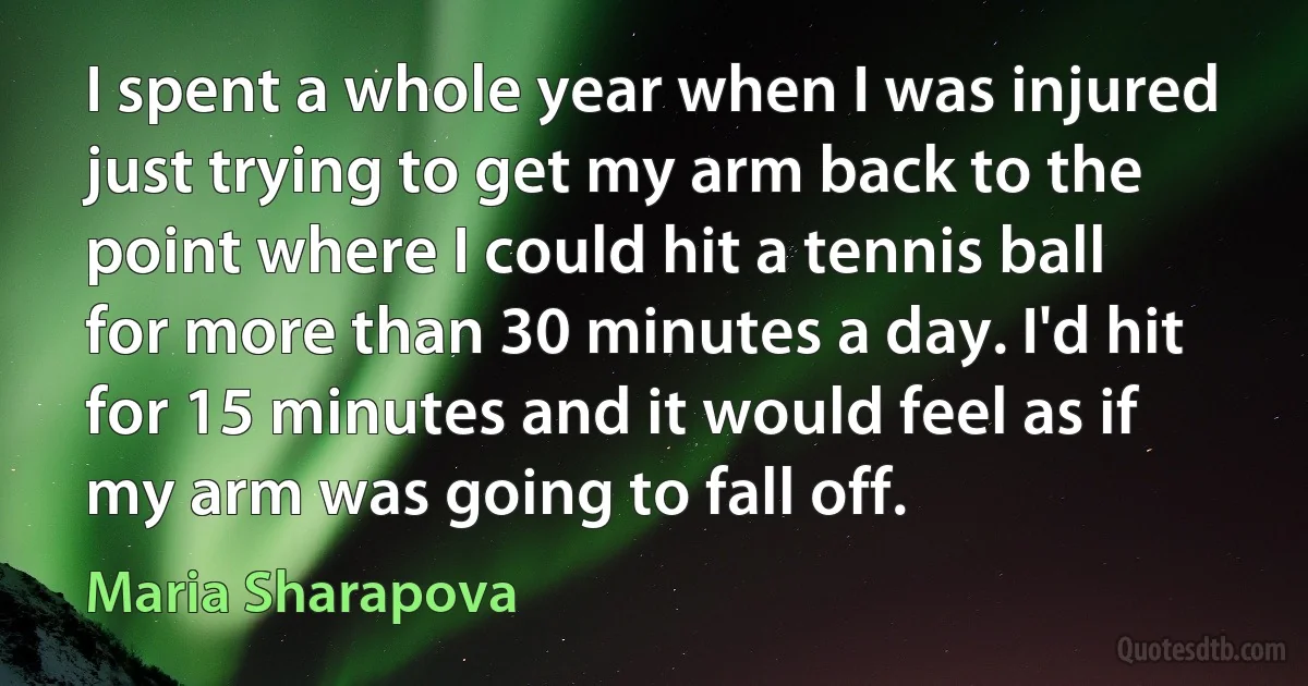 I spent a whole year when I was injured just trying to get my arm back to the point where I could hit a tennis ball for more than 30 minutes a day. I'd hit for 15 minutes and it would feel as if my arm was going to fall off. (Maria Sharapova)