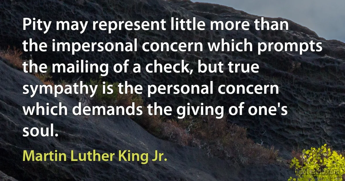 Pity may represent little more than the impersonal concern which prompts the mailing of a check, but true sympathy is the personal concern which demands the giving of one's soul. (Martin Luther King Jr.)