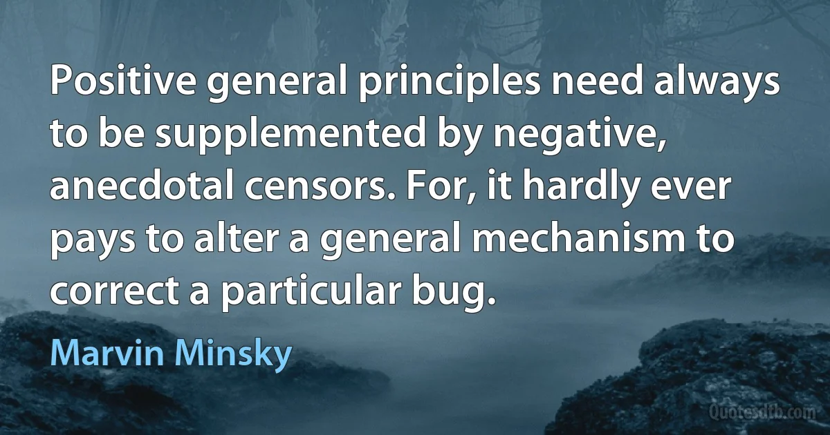 Positive general principles need always to be supplemented by negative, anecdotal censors. For, it hardly ever pays to alter a general mechanism to correct a particular bug. (Marvin Minsky)