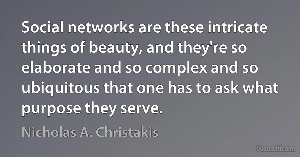 Social networks are these intricate things of beauty, and they're so elaborate and so complex and so ubiquitous that one has to ask what purpose they serve. (Nicholas A. Christakis)