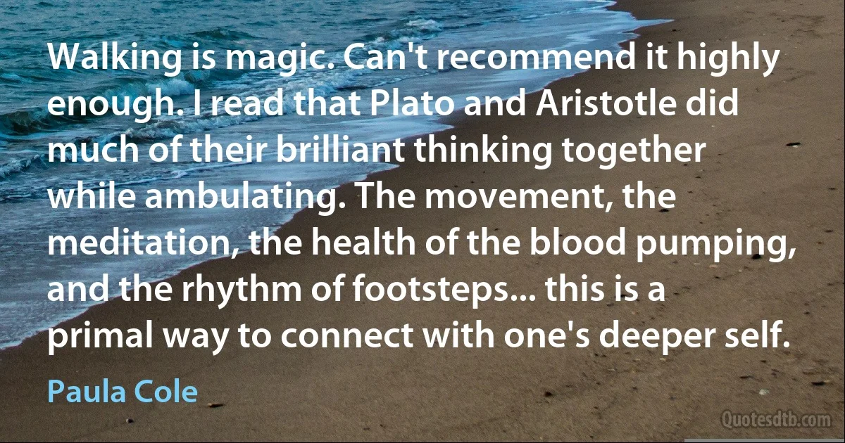 Walking is magic. Can't recommend it highly enough. I read that Plato and Aristotle did much of their brilliant thinking together while ambulating. The movement, the meditation, the health of the blood pumping, and the rhythm of footsteps... this is a primal way to connect with one's deeper self. (Paula Cole)