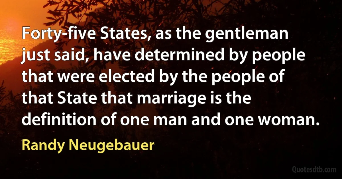 Forty-five States, as the gentleman just said, have determined by people that were elected by the people of that State that marriage is the definition of one man and one woman. (Randy Neugebauer)