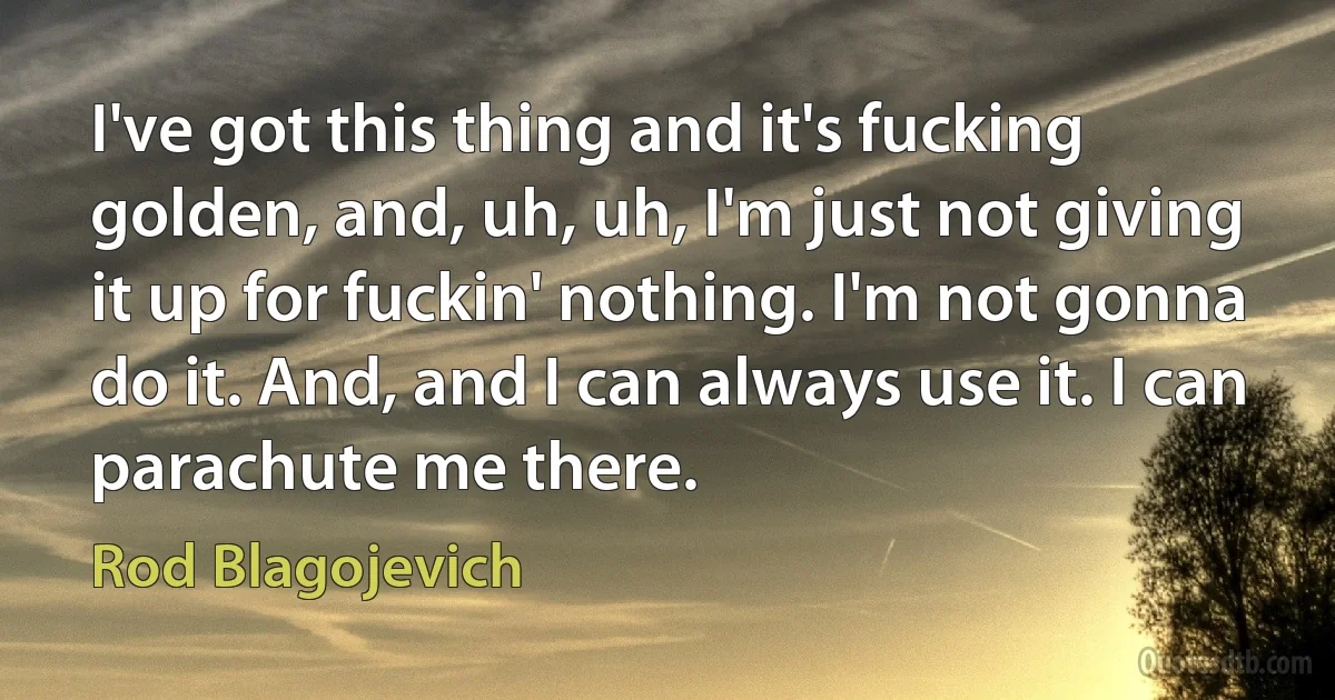 I've got this thing and it's fucking golden, and, uh, uh, I'm just not giving it up for fuckin' nothing. I'm not gonna do it. And, and I can always use it. I can parachute me there. (Rod Blagojevich)