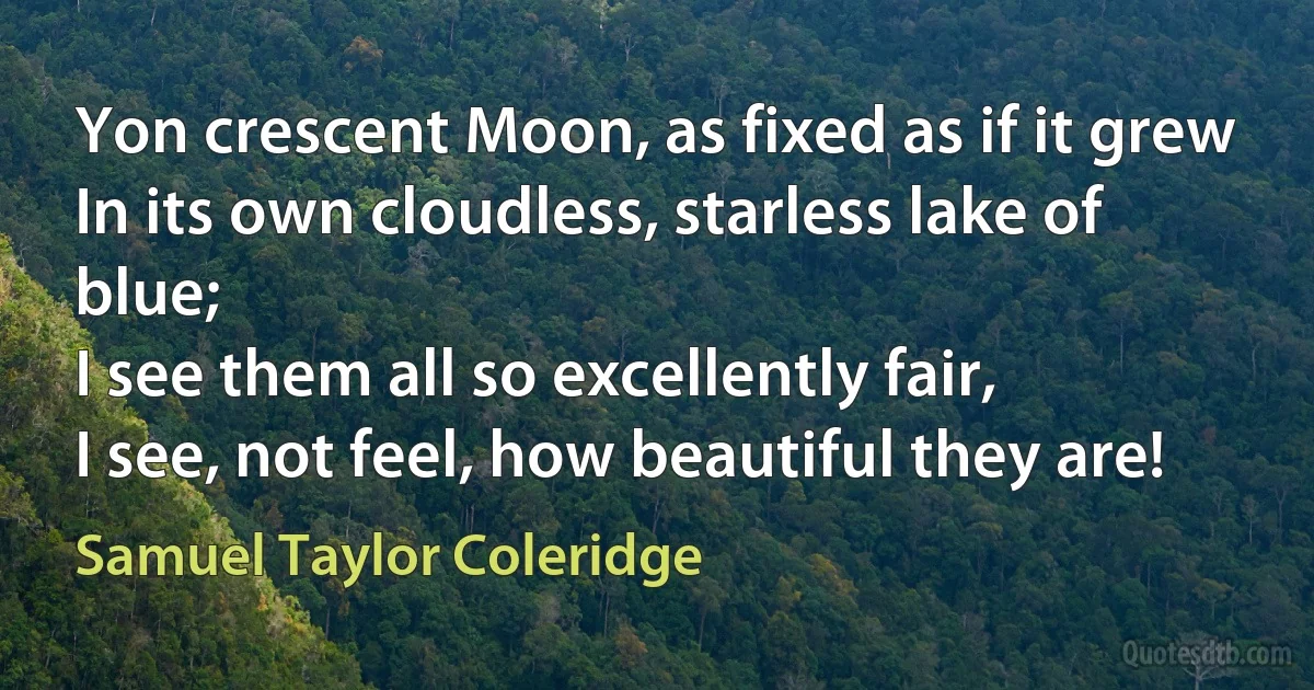 Yon crescent Moon, as fixed as if it grew
In its own cloudless, starless lake of blue;
I see them all so excellently fair,
I see, not feel, how beautiful they are! (Samuel Taylor Coleridge)