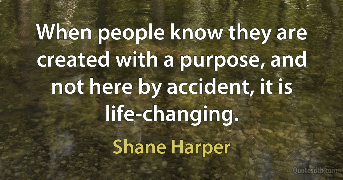 When people know they are created with a purpose, and not here by accident, it is life-changing. (Shane Harper)