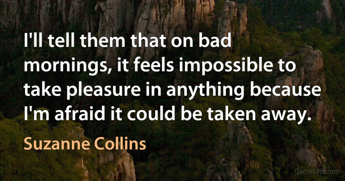 I'll tell them that on bad mornings, it feels impossible to take pleasure in anything because I'm afraid it could be taken away. (Suzanne Collins)