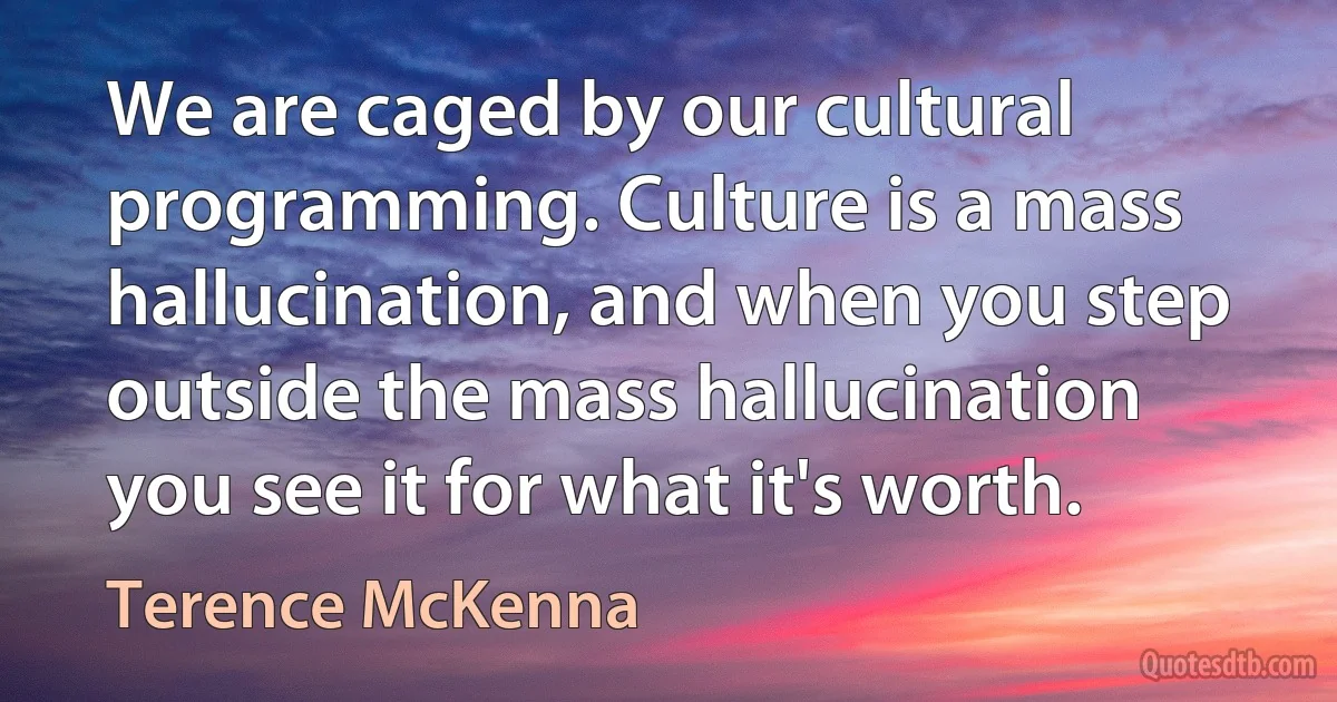 We are caged by our cultural programming. Culture is a mass hallucination, and when you step outside the mass hallucination you see it for what it's worth. (Terence McKenna)