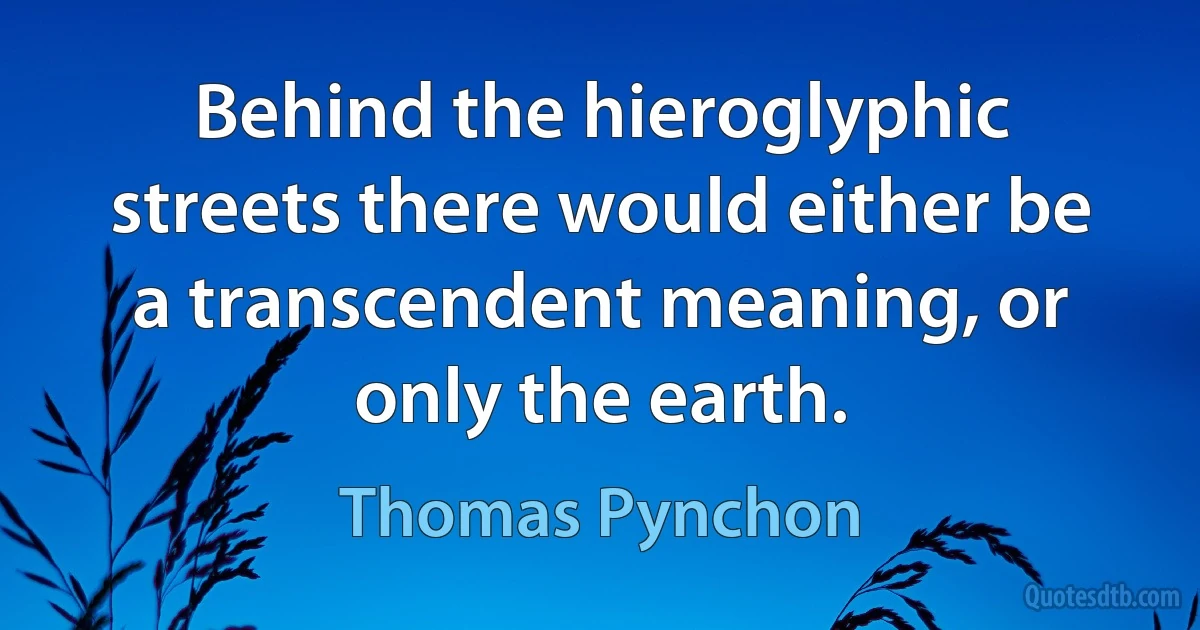 Behind the hieroglyphic streets there would either be a transcendent meaning, or only the earth. (Thomas Pynchon)