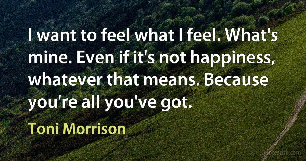 I want to feel what I feel. What's mine. Even if it's not happiness, whatever that means. Because you're all you've got. (Toni Morrison)