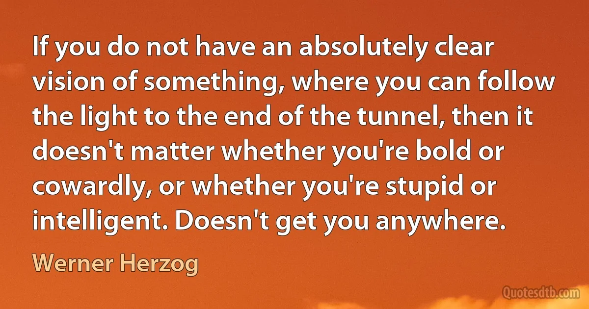 If you do not have an absolutely clear vision of something, where you can follow the light to the end of the tunnel, then it doesn't matter whether you're bold or cowardly, or whether you're stupid or intelligent. Doesn't get you anywhere. (Werner Herzog)