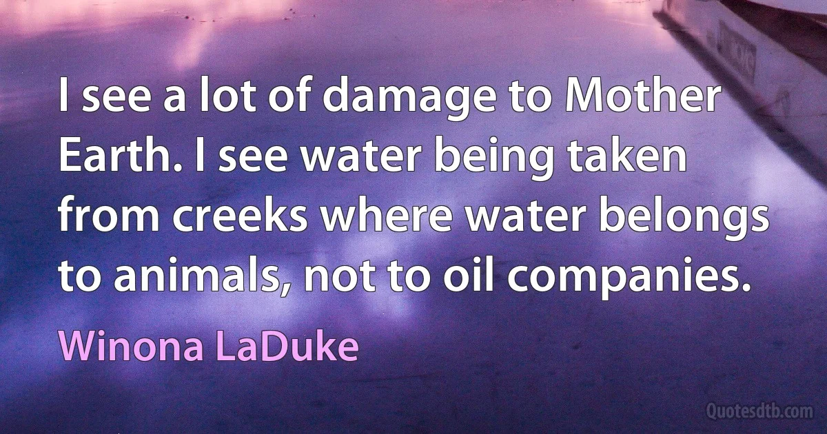 I see a lot of damage to Mother Earth. I see water being taken from creeks where water belongs to animals, not to oil companies. (Winona LaDuke)