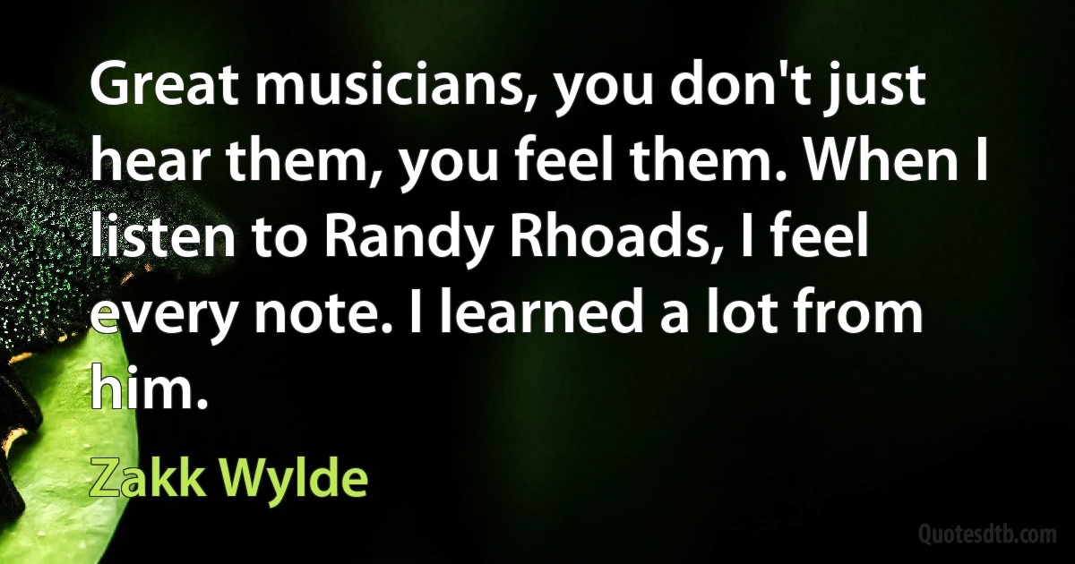 Great musicians, you don't just hear them, you feel them. When I listen to Randy Rhoads, I feel every note. I learned a lot from him. (Zakk Wylde)