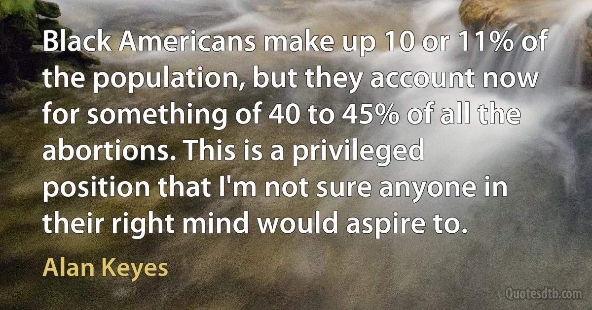 Black Americans make up 10 or 11% of the population, but they account now for something of 40 to 45% of all the abortions. This is a privileged position that I'm not sure anyone in their right mind would aspire to. (Alan Keyes)