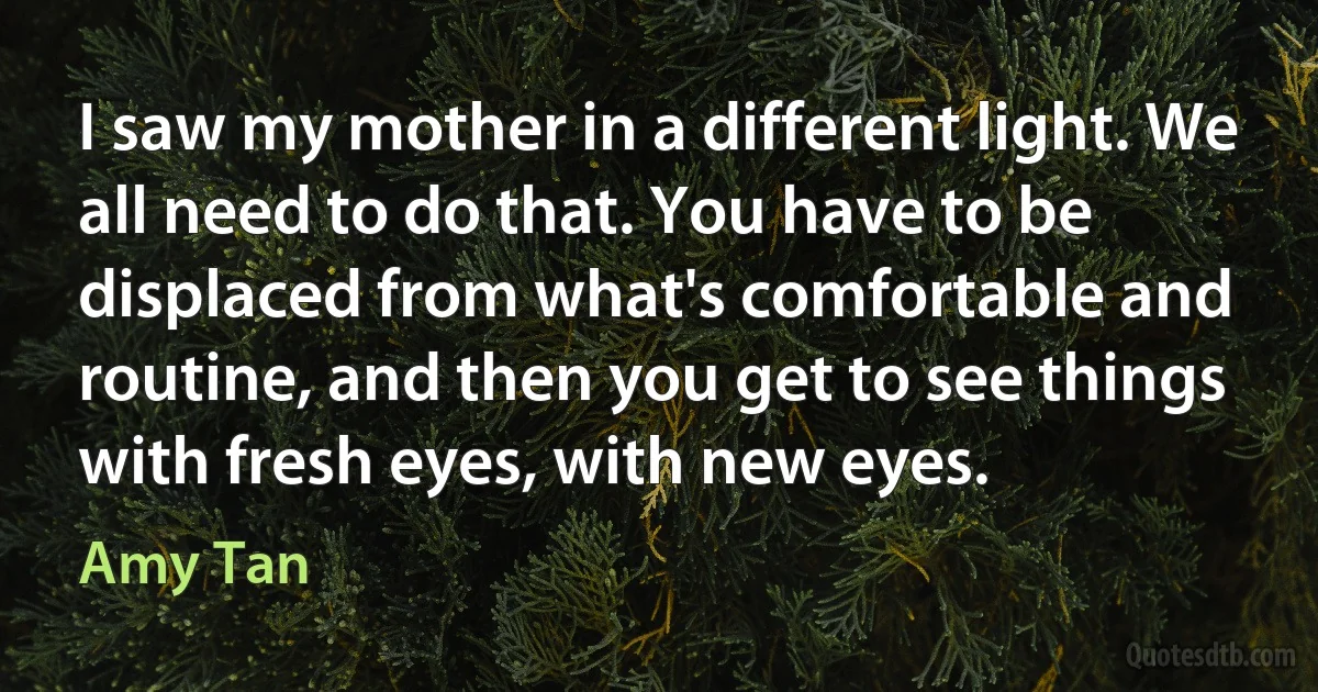 I saw my mother in a different light. We all need to do that. You have to be displaced from what's comfortable and routine, and then you get to see things with fresh eyes, with new eyes. (Amy Tan)