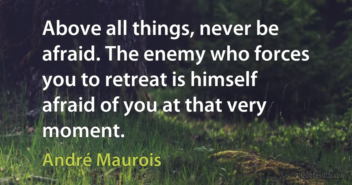 Above all things, never be afraid. The enemy who forces you to retreat is himself afraid of you at that very moment. (André Maurois)