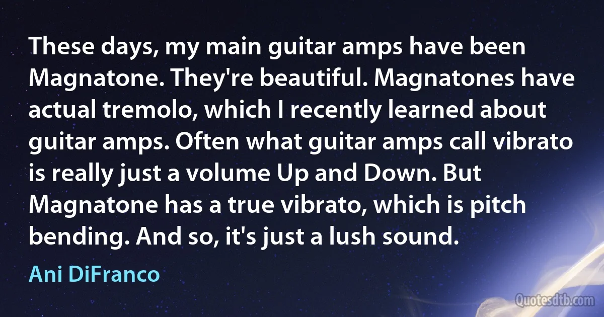 These days, my main guitar amps have been Magnatone. They're beautiful. Magnatones have actual tremolo, which I recently learned about guitar amps. Often what guitar amps call vibrato is really just a volume Up and Down. But Magnatone has a true vibrato, which is pitch bending. And so, it's just a lush sound. (Ani DiFranco)