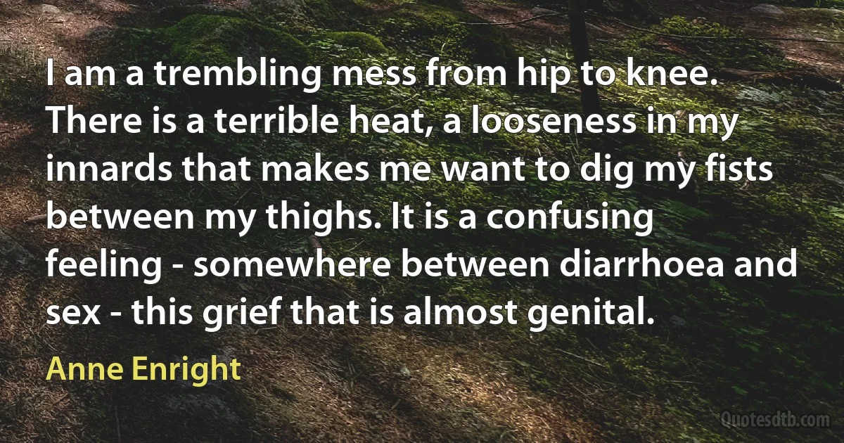 I am a trembling mess from hip to knee. There is a terrible heat, a looseness in my innards that makes me want to dig my fists between my thighs. It is a confusing feeling - somewhere between diarrhoea and sex - this grief that is almost genital. (Anne Enright)