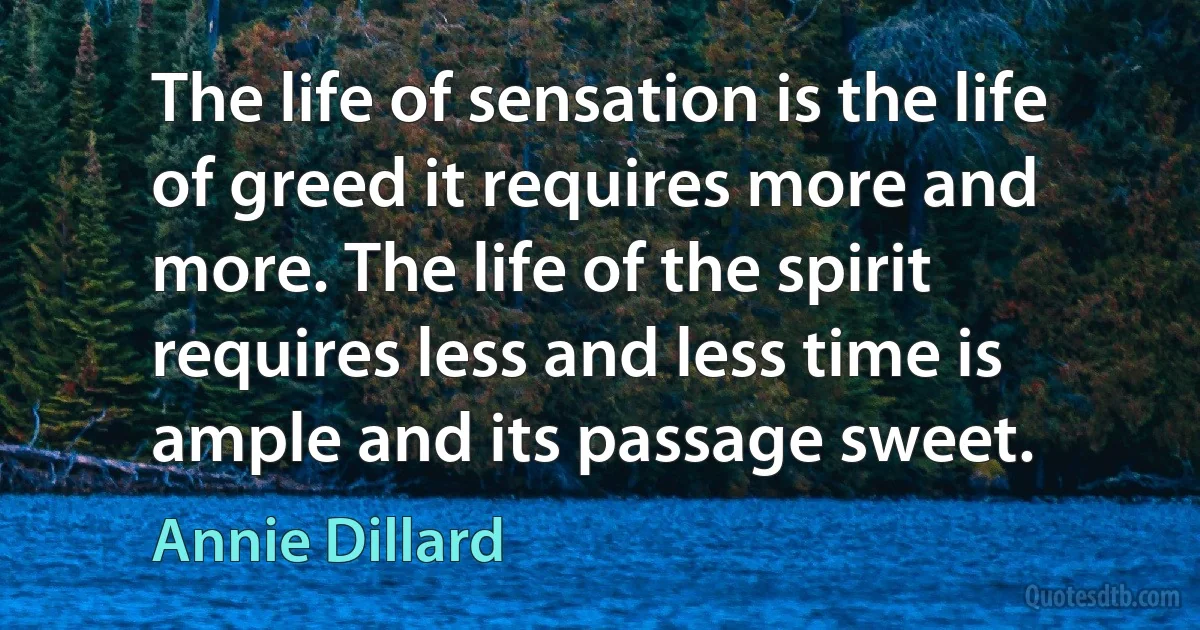 The life of sensation is the life of greed it requires more and more. The life of the spirit requires less and less time is ample and its passage sweet. (Annie Dillard)