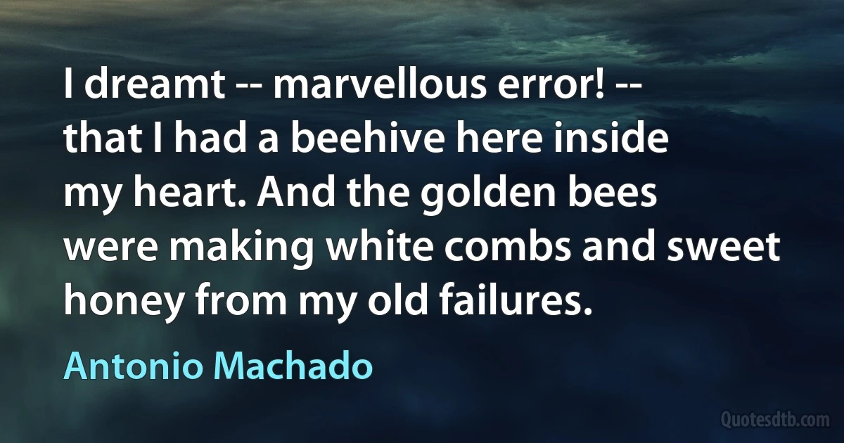 I dreamt -- marvellous error! -- that I had a beehive here inside my heart. And the golden bees were making white combs and sweet honey from my old failures. (Antonio Machado)