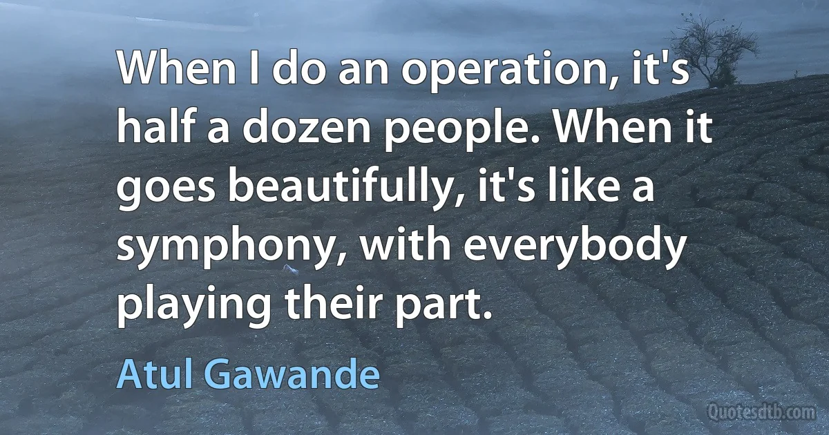 When I do an operation, it's half a dozen people. When it goes beautifully, it's like a symphony, with everybody playing their part. (Atul Gawande)