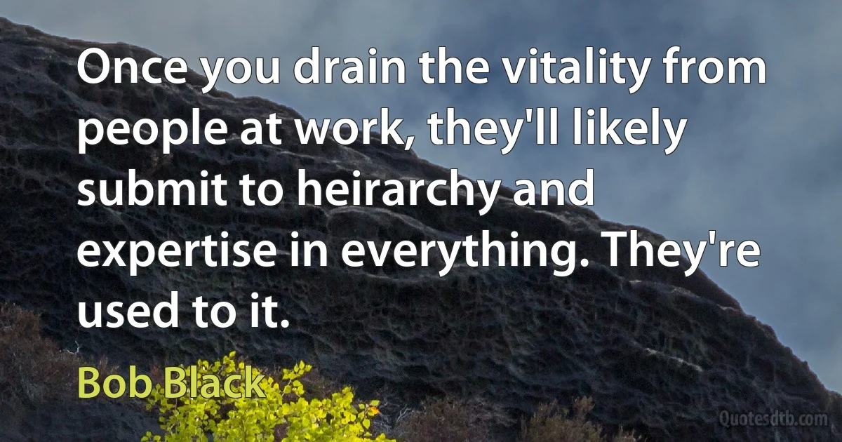 Once you drain the vitality from people at work, they'll likely submit to heirarchy and expertise in everything. They're used to it. (Bob Black)