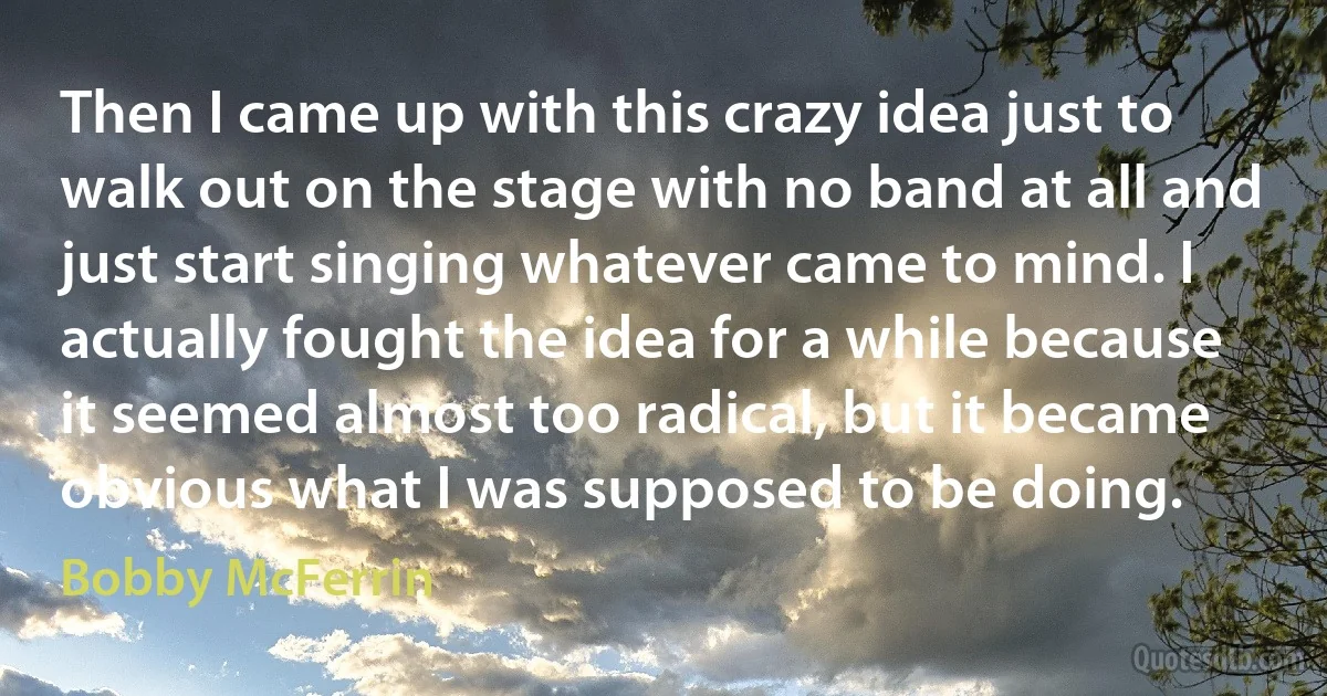 Then I came up with this crazy idea just to walk out on the stage with no band at all and just start singing whatever came to mind. I actually fought the idea for a while because it seemed almost too radical, but it became obvious what I was supposed to be doing. (Bobby McFerrin)