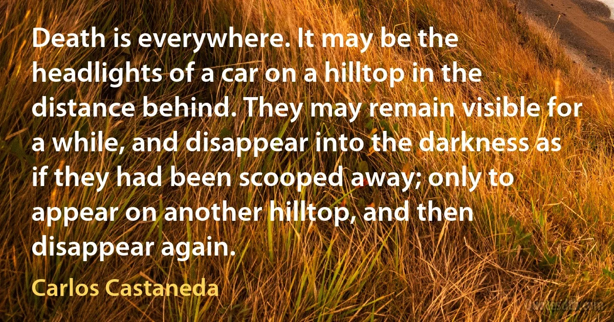 Death is everywhere. It may be the headlights of a car on a hilltop in the distance behind. They may remain visible for a while, and disappear into the darkness as if they had been scooped away; only to appear on another hilltop, and then disappear again. (Carlos Castaneda)