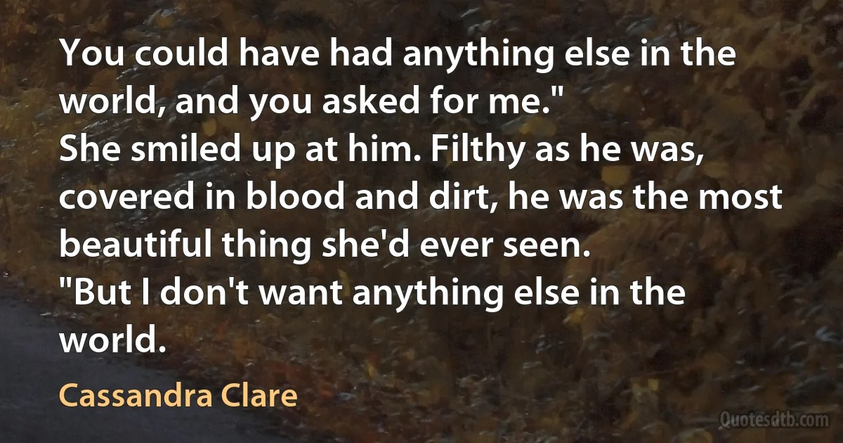 You could have had anything else in the world, and you asked for me."
She smiled up at him. Filthy as he was, covered in blood and dirt, he was the most beautiful thing she'd ever seen.
"But I don't want anything else in the world. (Cassandra Clare)